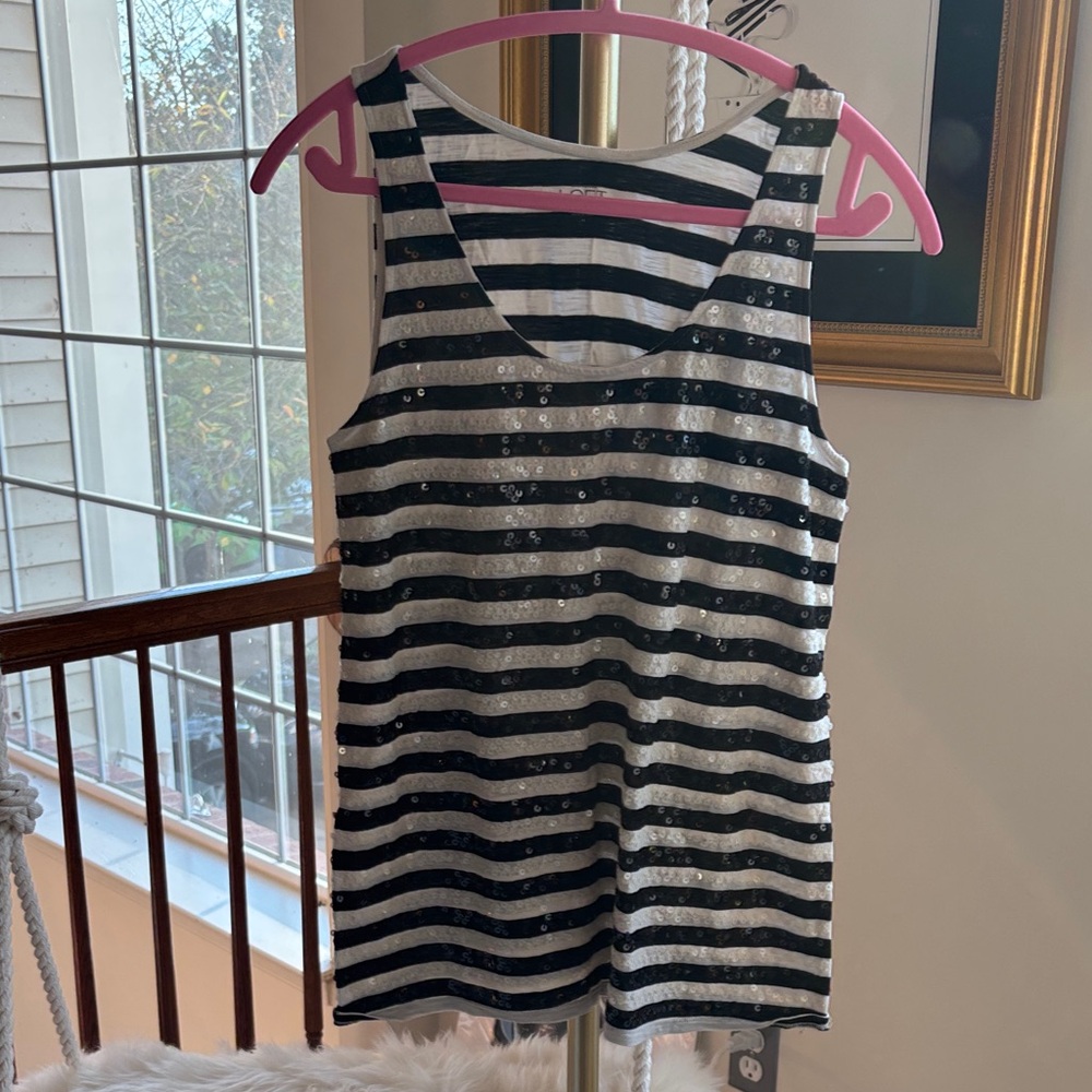 LOFT Black and White Sequin Striped Tank Top